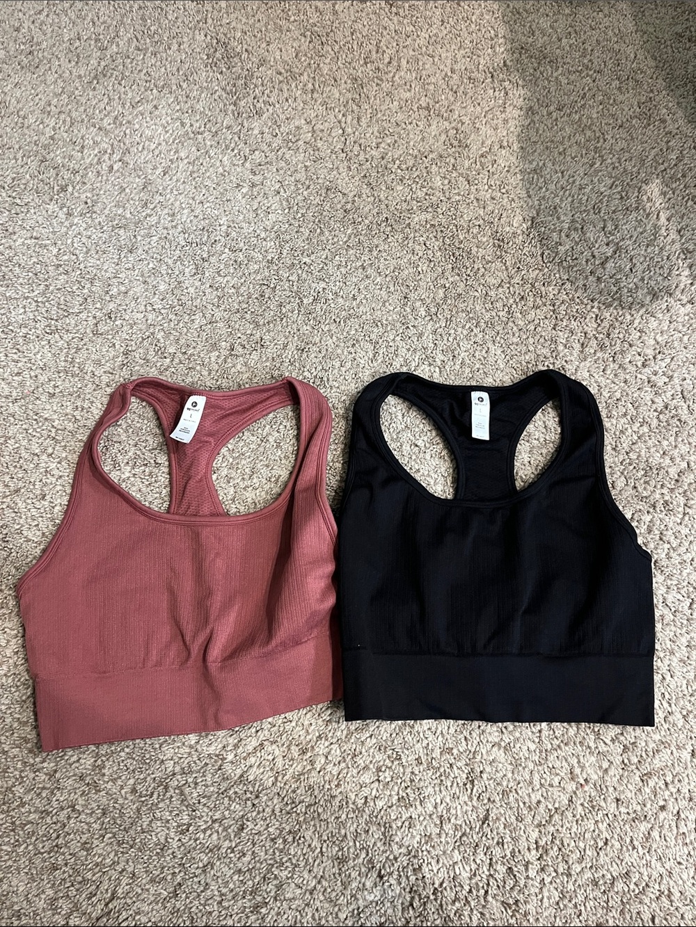 90 Degree By Reflex Ribbed Racerback Sports Bras in Mauve and Black